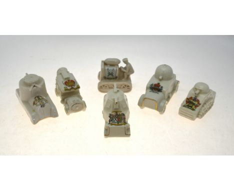 Crested wares of Great War interest: Four models of armoured cars, 9-12 cm long, Carlton, Savoy and Shelley and Arcadian chin