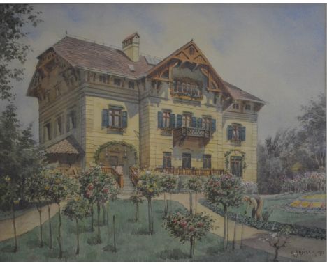 K Bajicek - Swiss villa, watercolour, signed and dated 1913 lower right, 24 x 29.5 cm Condition Report Good original conditio