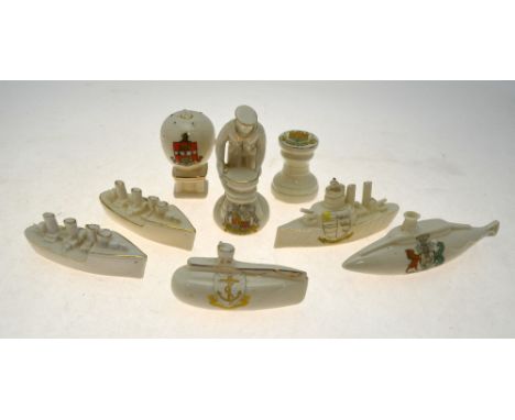Crested wares of Great War interest:  Two models of a Torpedo boat destroyer, Alloa and Westcliff-on-Sea crests, Arcadian chi