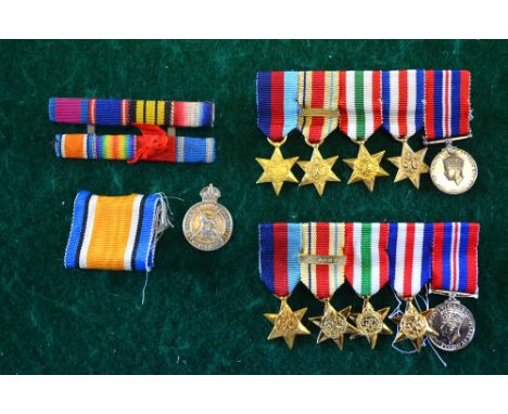 Two duplicate sets of WWII miniature medals - 1939/45 Star; Africa Star, bar 8th Army; Italy Star; France & Germany Star, 193