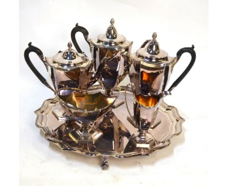 An Elkington Plate five-piece hexagonal urn-shaped tea/coffee service, to/w a large epns salver with moulded rim and scroll f