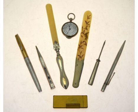 A silver and ivory letter knife, Birmingham 1922, to/w two silver propelling pencils, a two-colour electroplated Sheaffer fou