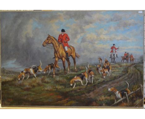 J Asmil - Hunting scene - The Scent, oil on canvas, signed lower left, 61 x 90 Condition Report Unframed, Mildew to reverse, 