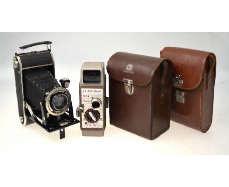 A Voightlander Bessa Compur folding camera with Anastigmat Skopar 1:4,5 f=10,5 cm lens, to/w a Bell & Howell 624, 8mm cine ca