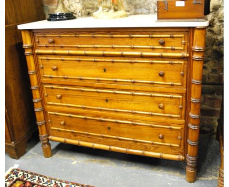 A 19th century marble topped pine and faux bamboo commode chest of four long drawers to/w a matching cabinet, the commode 103