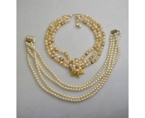 A large collection of vintage simulated pearl necklaces, chokers and bracelets, earrings etc