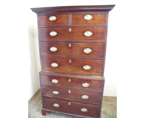 19th C mahogany chest on chest with two short above three drawers to the upper section with three further long drawers to the