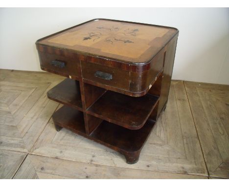 Art Deco combination occasional table with elaborately inlaid top with various shelf and cupboard compartments (60cm x 60cm x