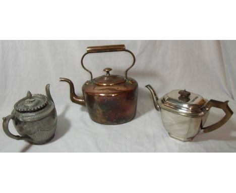 Copper stove kettle, silver plated teapot with wooden handle and finial and pewter teapot with engraved scrolled design