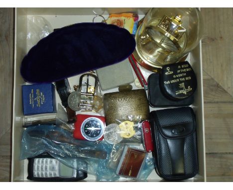 Small dome clock, a selection a various costume jewellery, cuff links, camera, pipes, Scarborough athletics supports club bad
