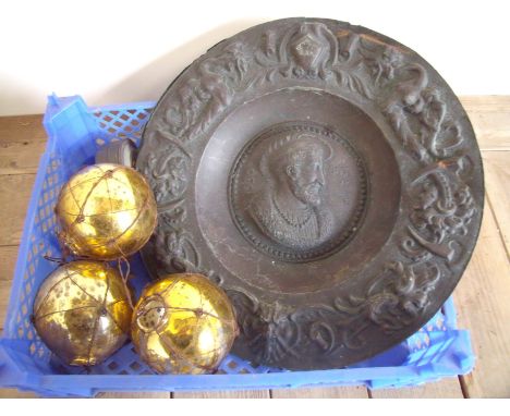 Three 19th/20th C glass Christmas baubles, kings pattern carving set, Vintage powder puffer, light switch and two embossed ch