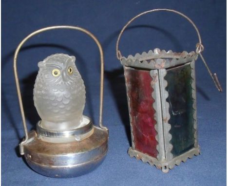 Pifco frosted glass owl skaters lamp (height 14cm) and four sided glass and tin framed lantern (height 10cm) (2)