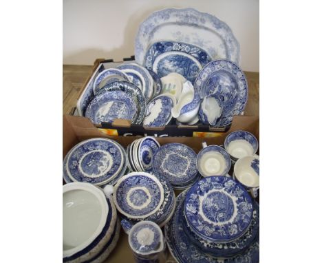 Large selection of various blue and white ceramics including Copeland Spode, Masons etc in two boxes 