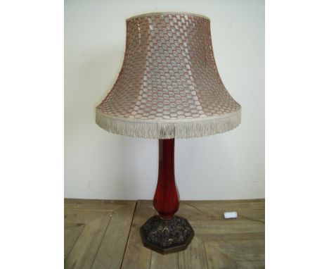 Extremely large late 19th C ruby glass columned and gilt metal table lamp on octagonal base with silk shade (74cm high) 