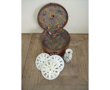 Vintage hat box, three enamel clock faces and a Japanese vase 