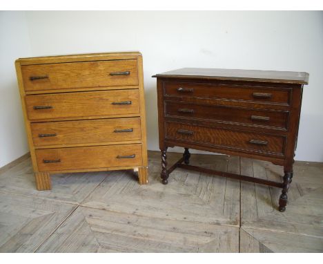 Oak chest of three drawers on barley twist supports and another light oak four drawer chest (2)