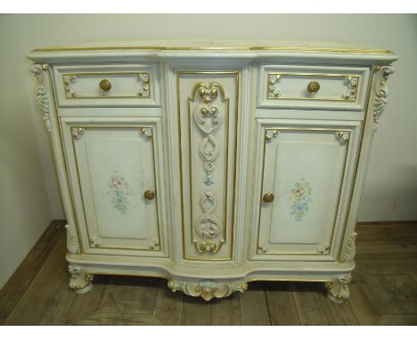 Modern elaborate Italian made break front side cabinet with two drawers above two cupboard doors with central panel, with car