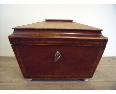 Early 19th C rosewood tea caddy with hinged top revealing two fitted interiors on raised bun feet (22cm x 14cm x 16cm)