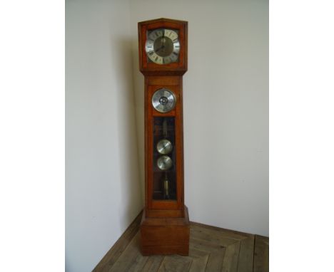 Oakes combination Grandmother clock with brass and steel dial with barometer, thermometer and hydrometer (height 154cm)