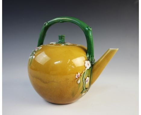 A Victorian Aesthetic Movement Minton majolica teapot and cover in the manner of Dr Christopher Dresser, late 19th century, t