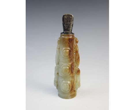 A Chinese silver mounted jade handle, 18th/19th century, the terminal with a white metal mount for attachment to a hand mirro