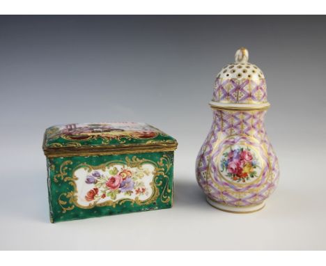 A French enamel on copper casket, the cover finely enamelled with Italianate ruins and figures beside a lake, within green en