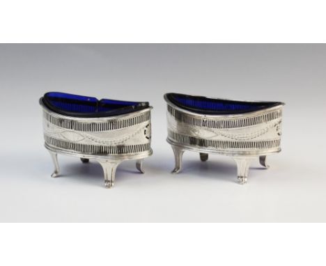 A pair of George III silver open salts, Richard Morton &amp; Co, Sheffield 1791, each of navette form, with foliate swags, pi