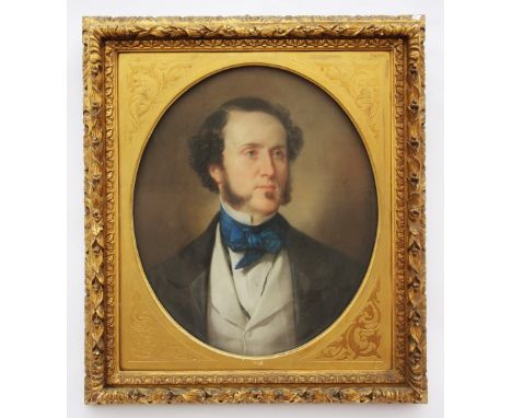 British School, mid 19th century,Portrait of a gentleman, head and shoulders wearing a blue cravat, grey waistcoat and black 