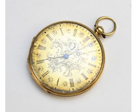 An open face pocket watch, 19th century, the gilt dial with decorative floral detail and Roman numerals, the back similarly e