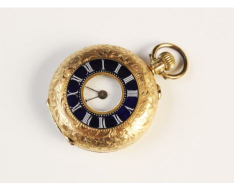 A Swiss 14ct gold half-hunter fob watch, the white enamel dial with roman numerals, blue and white enamelled numerals to cove