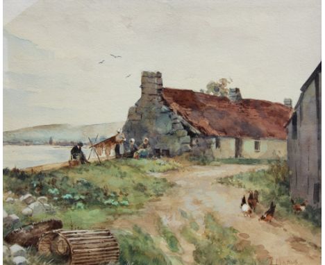Jacob Hendricus Maris (Dutch 1837-1899),An estuary scene with run down cottages, country folk and chickens,Watercolour on pap