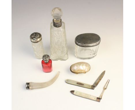 A selection of ladies dressing table wares and accessories, to include; a Victorian silver bladed mother-of-pearl fruit knife