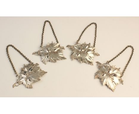 A set of four William IV silver decanter labels by Charles Rawlings &amp; William Summers, each in the form of a vine leaf wi