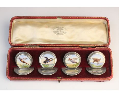 A set of four Edwardian silver and enamel menu card holders by Sampson Mordan & Co, Chester, each individually enamelled with