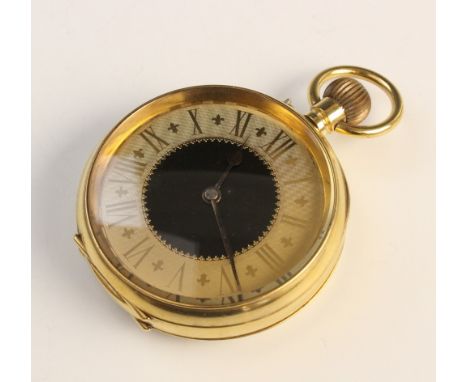 A gold plated goliath pocket watch, the round gold toned dial with Roman numerals, black enamel and fleur-de-lis decoration, 