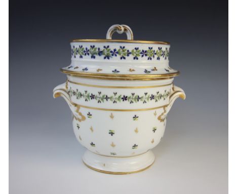An English porcelain twin handled ice pail and cover, possibly Derby, early 19th century, the cylindrical body with applied s
