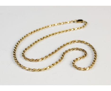 A 9ct yellow gold rope twist chain, the uniform chain with attached lobster clasp, overall length 46.5cm, gross weight 9gmsCo