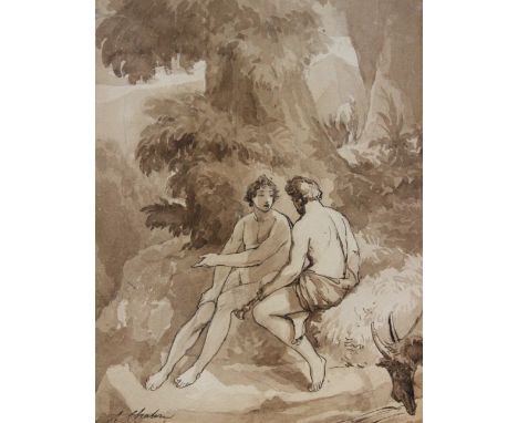 Attributed to Alfred Edward Chalon,A pair of drawings, brown wash over pencil,Each 38cm x 30cm,Unframed,together with a colle