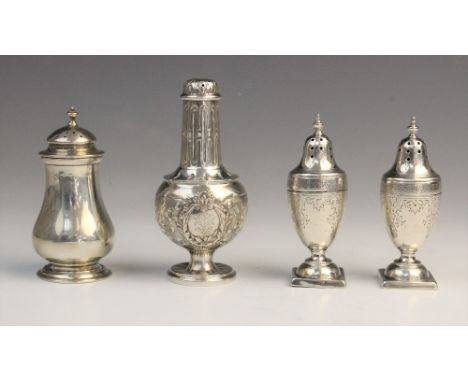 A pair of Victorian silver pepperettes by John Aldwinckle &amp; Thomas Slater, London 1888, each of urn form on stepped bases