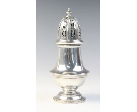 A George V silver sugar caster by Elkington &amp; Co, Birmingham 1928, of  baluster form with reeded border on stepped circul