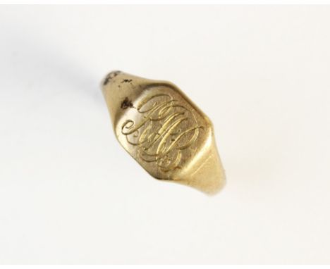 A 9ct gold signet ring, the square head engraved with monogrammed initials 'BMB', continuing to a plain polished shank, ring 