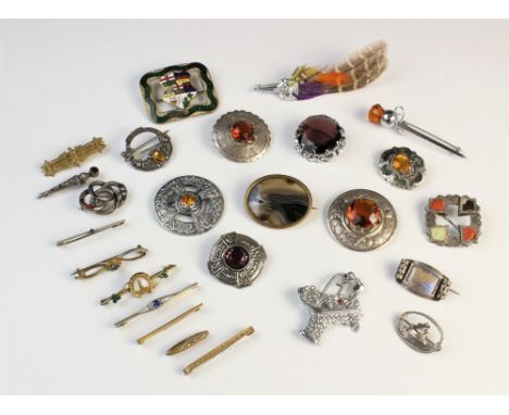 A selection of Scottish silver and other agate set jewellery and further brooches, to include; a brooch in the form of a dirk