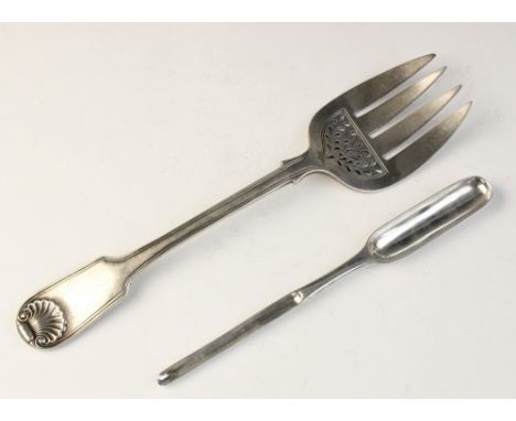 A Victorian silver serving fork by Brewis &amp; Co, London 1891, with fiddle thread and shell pattern handle and pierced deco