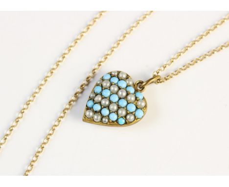 A Victorian style heart-shaped pendant, with pearl and turquoise coloured cabochons all set in yellow metal, 18mm x 16mm, set