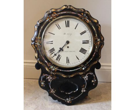 A Victorian papier mache drop dial fusee wall clock, the 30cm painted white dial indistinctly signed 'Henry, Shrewsbury', enc