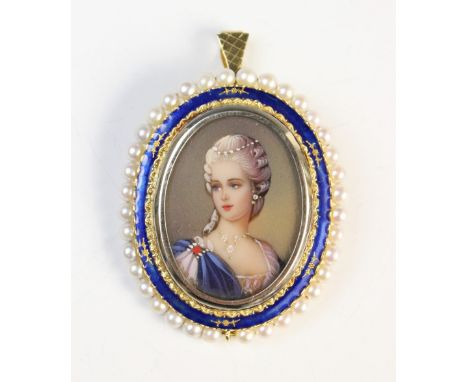 An 18ct gold pearl and enamel picture pendant/brooch, the central glazed compartment set with a hand-coloured picture of a la