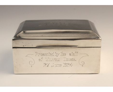 A George V silver cigarette box by F H Adams & Co, Birmingham 1922, of rectangular form with engine turned decoration and ini