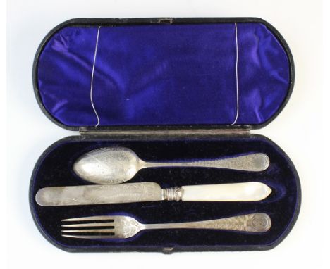 An associated three-piece silver christening set by Walker &amp; Hall, comprising a knife, fork and spoon, the knife and fork