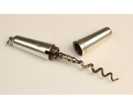 A silver travelling corkscrew, marks for Robert Pringle &amp; Sons, of typical form with plain polished case stamped '925 STE