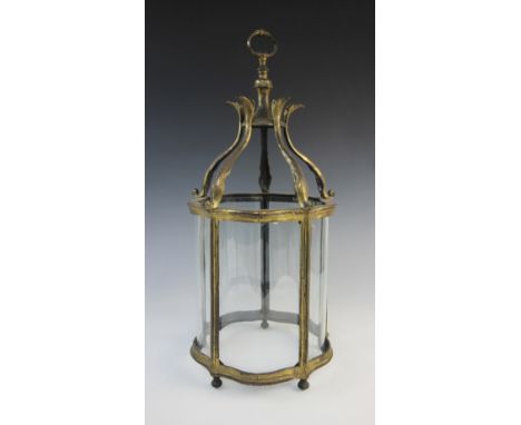 A 19th century lacquered brass five glass hall lantern, the five scrolling foliate branches supporting the cylindrical frame 